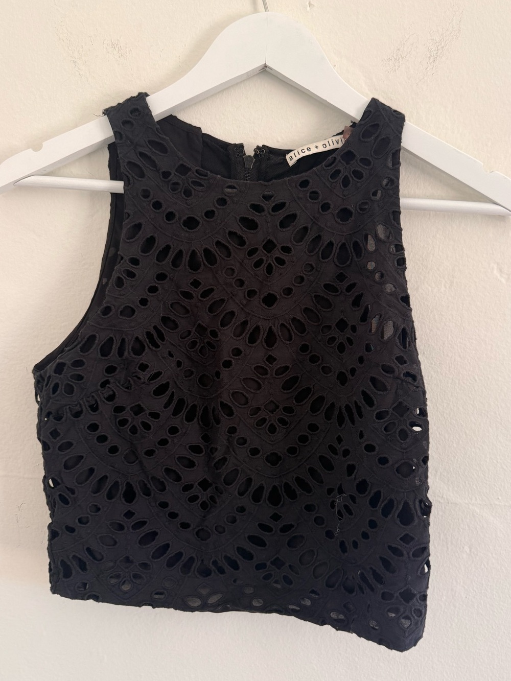 Alice + Olivia Black Eyelet Cropped Tank